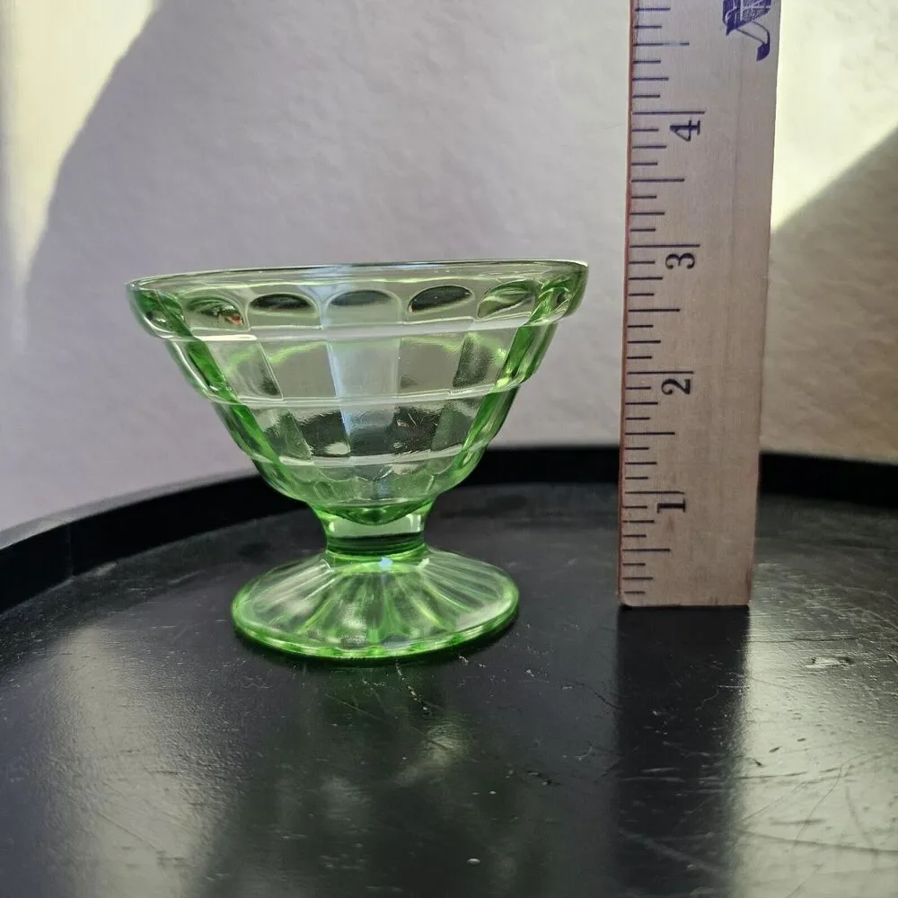 Vintage Depression Glass Sherbet Dish, Anchor Hocking, Block Optic, Green Glow